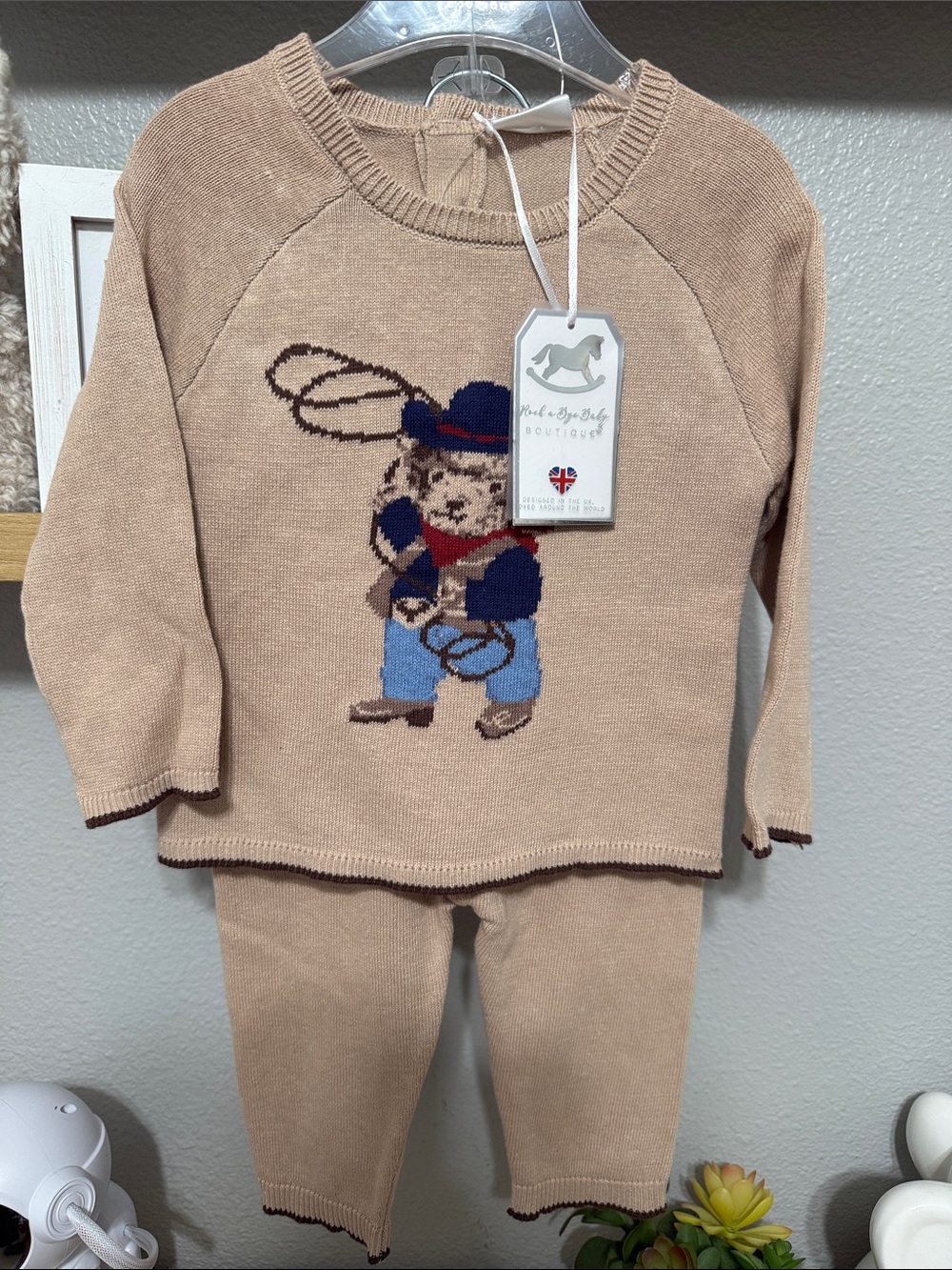 Rock a bye baby knit Sweater pant Set size 6-9 months tan bear fall cowboy new